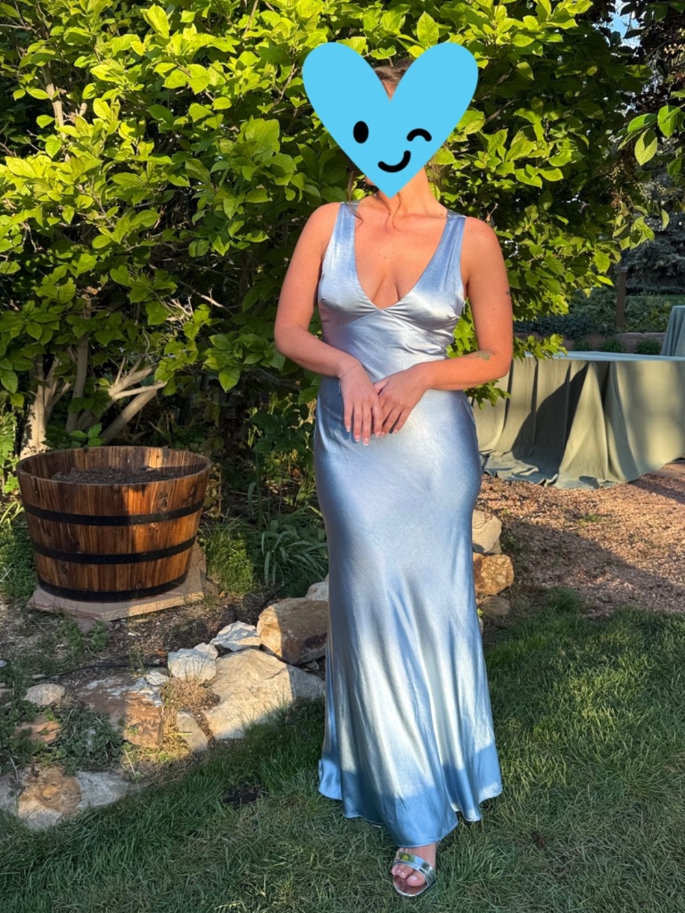 Six Stories COCO Twist Back Satin Bridesmaid Dress in Dusty Blue